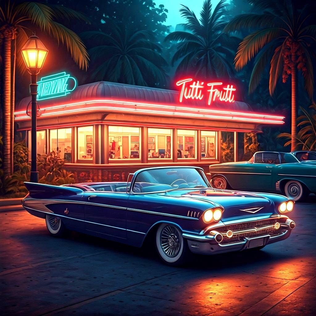 Retro Diner and Convertible Car in Lush Jungle