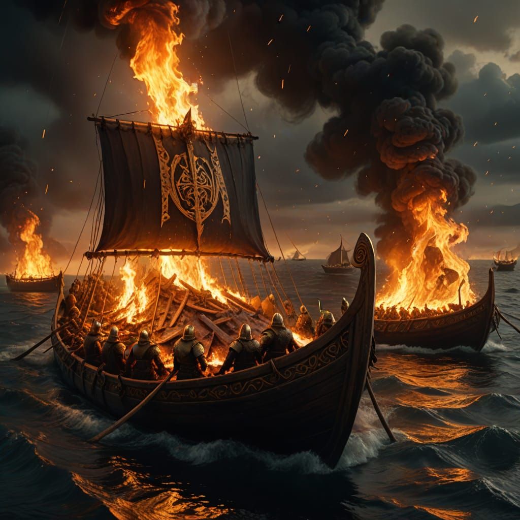 Viking Funeral Pyre on Stormy Sea: Nordic Oil Painting