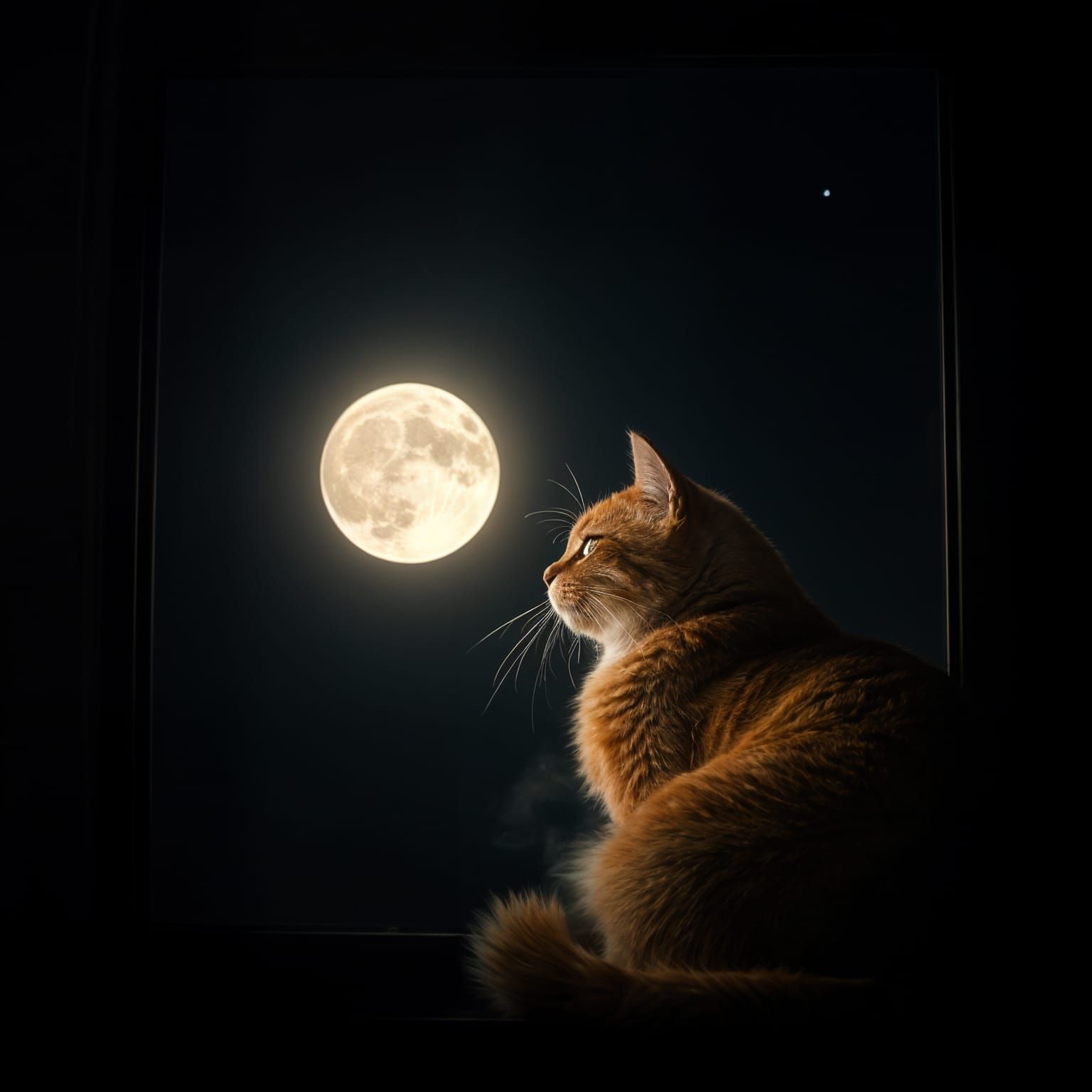 Orange Cat Gazes at Full Moon, Double Exposure