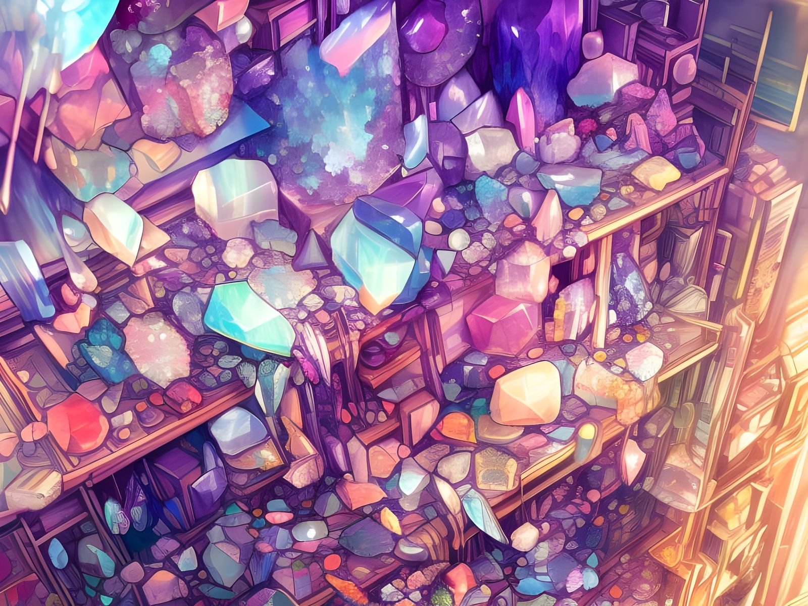 Shelf covered with gems