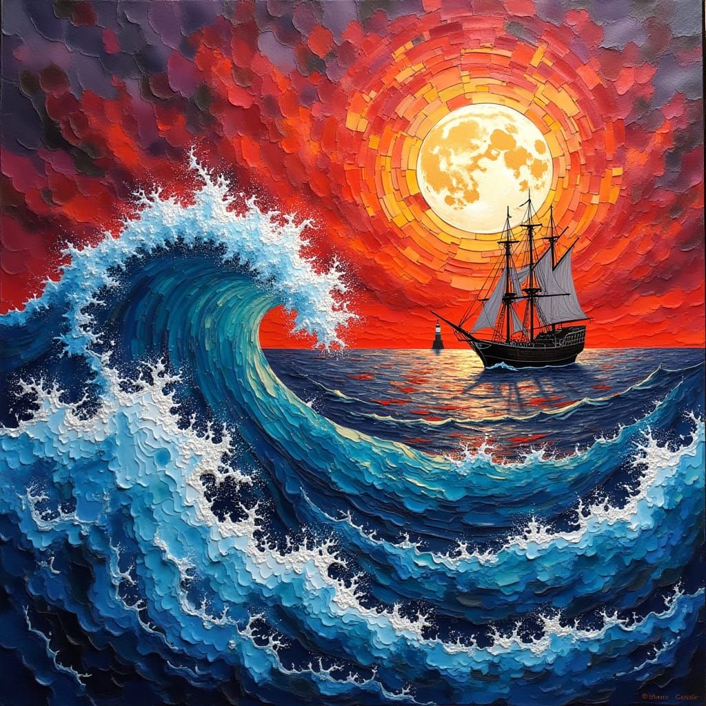 Stormy Seascape in Vibrant Impasto Mosaic