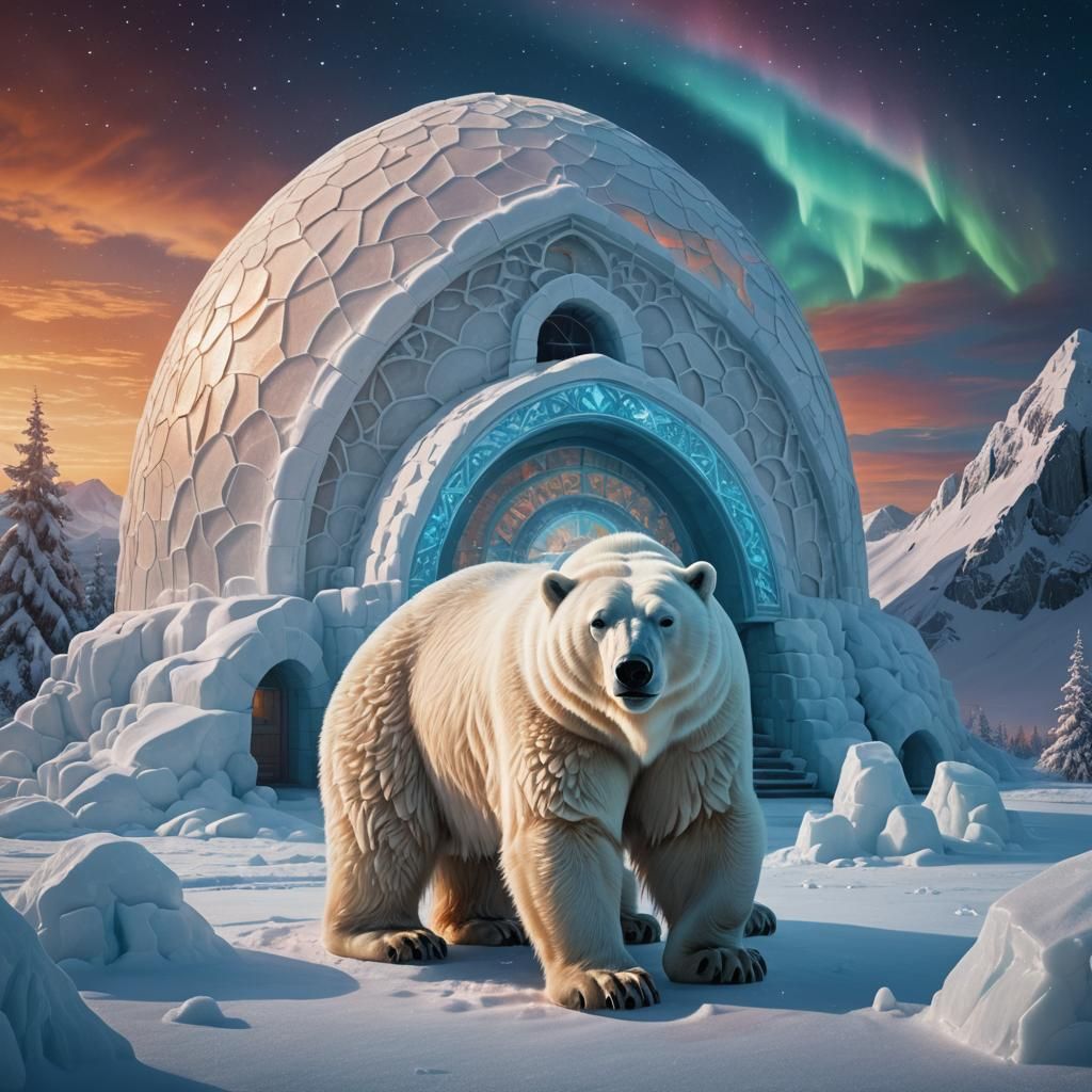 Majestic Polar Bear and Igloo in Snowy Landscape