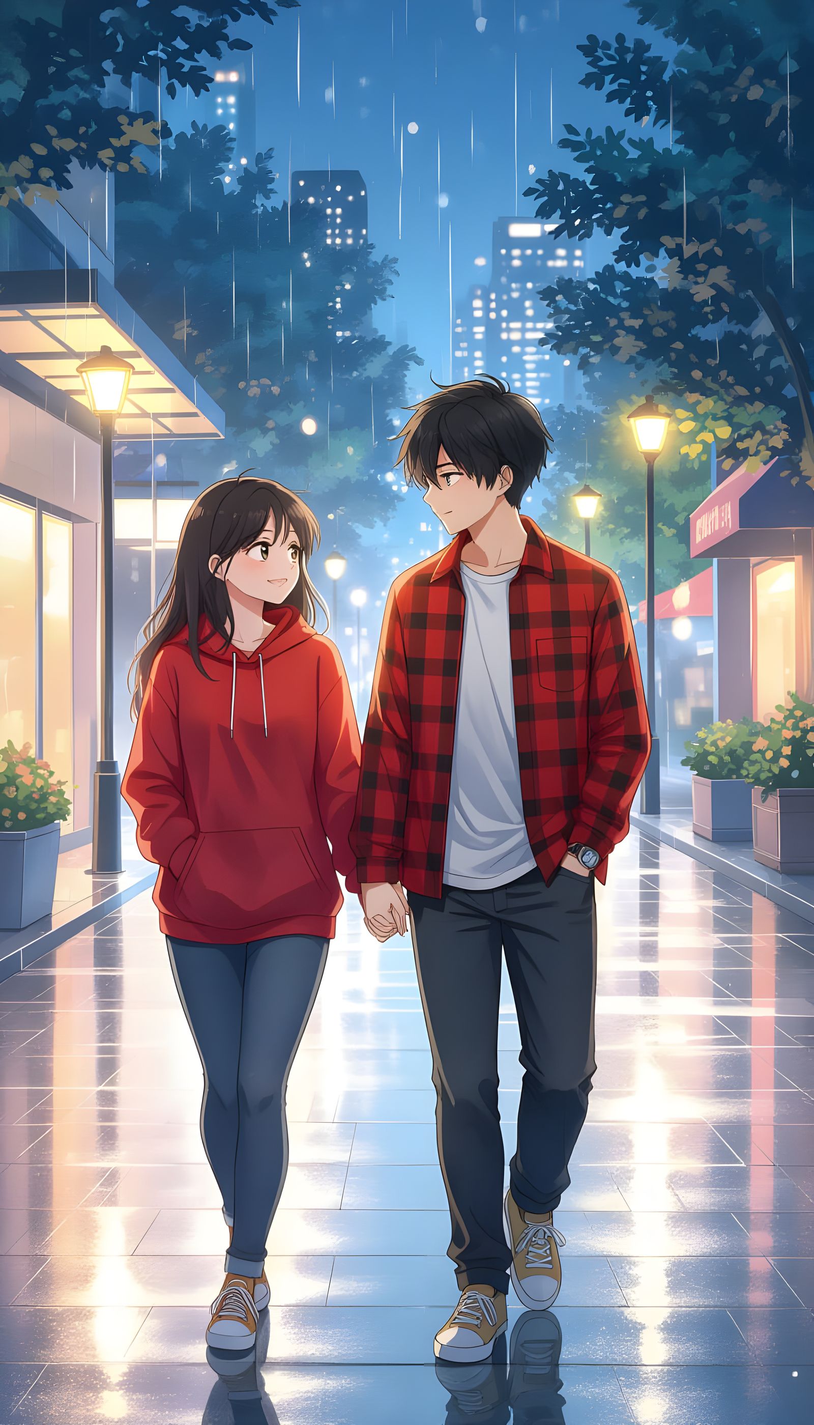 Couple Walking in Rainy Cityscape at Night