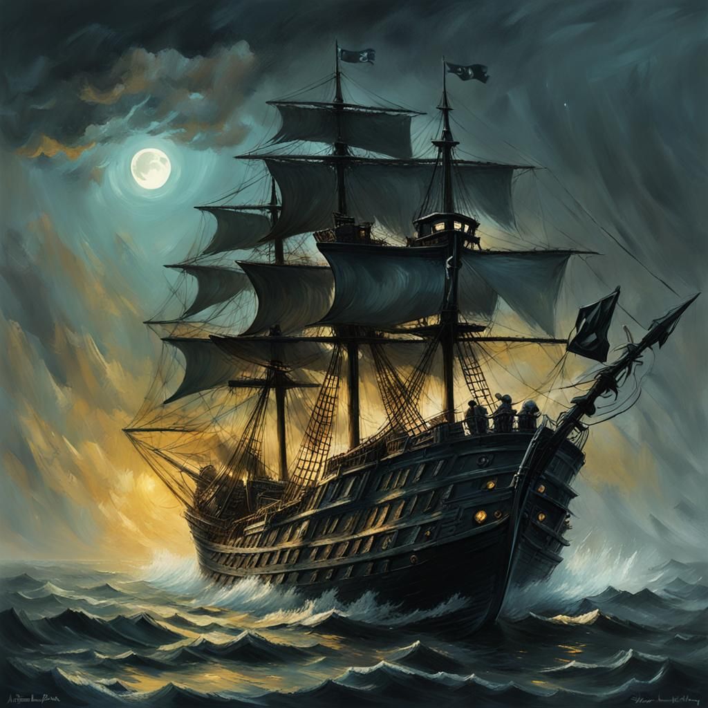 Ghost Pirate Ship Noir Illustration