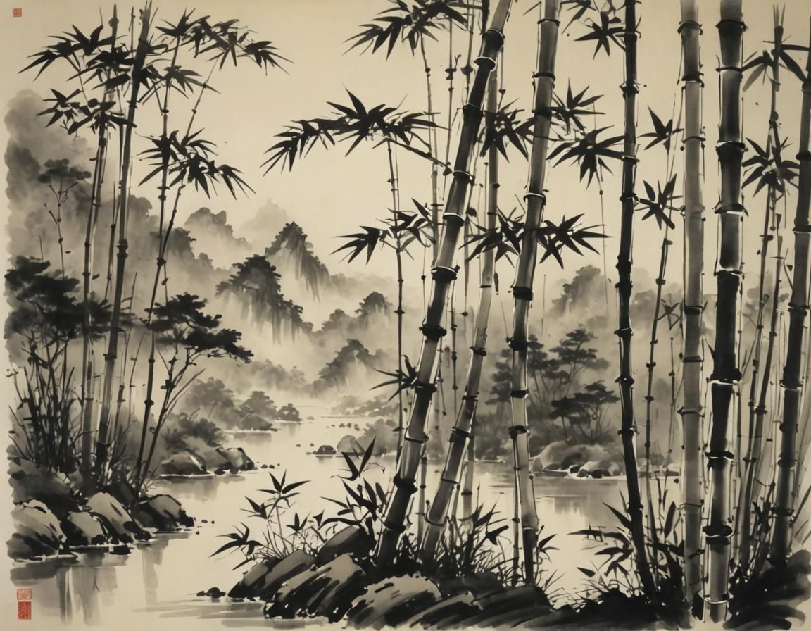 Sumi-e Bamboo Landscape: Japanese Ink Painting