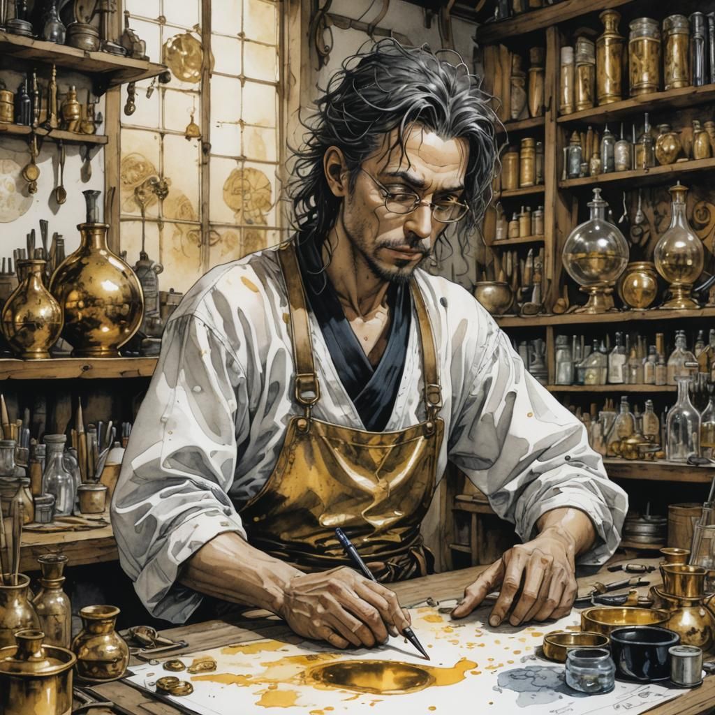 Alchemist's Golden Transformation: Ink and Watercolour Illus...