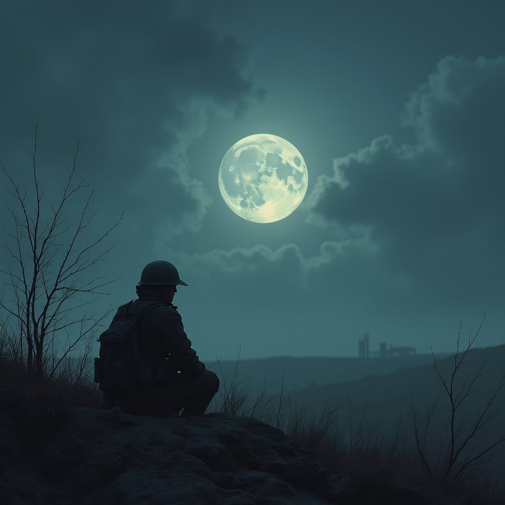 Private Ponders War on Moonlit Battlefield