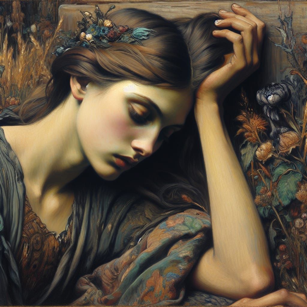 Melancholic Figure in Waterhouse-Inspired Oil Painting