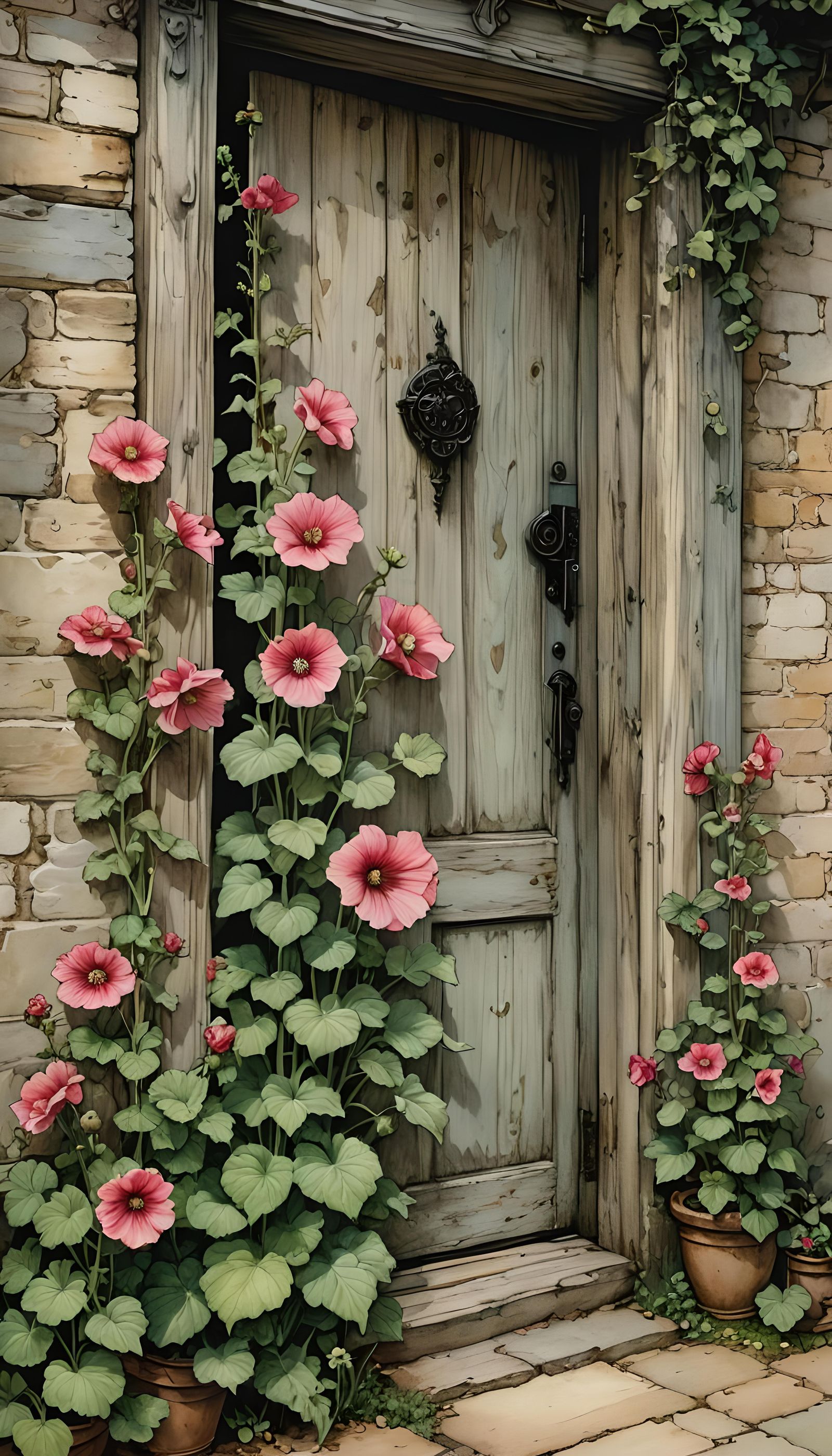 Hollyhocks by the Doorway: Whimsical Watercolour Illustratio...