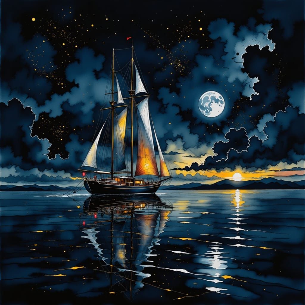 Sailboat Under Starry Night Sky