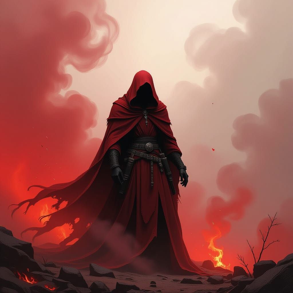 Grim Reaper in Crimson Fog, Dark Fantasy Art