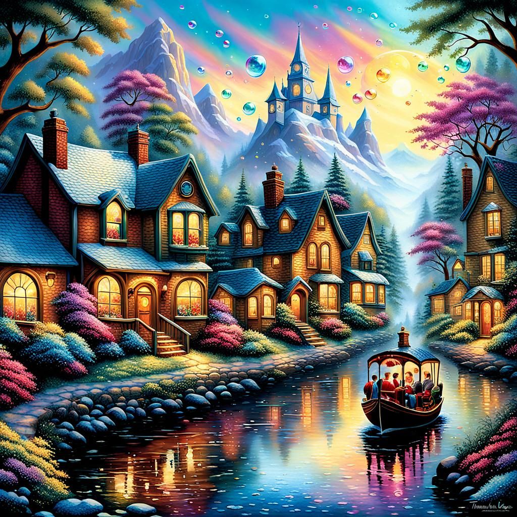 Iridescent Bubbles in Dreamlike Landscape