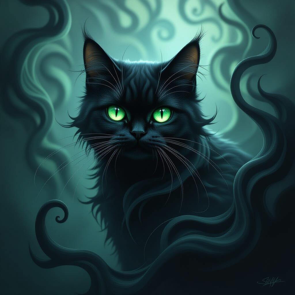 Shadow Cat with Emerald Eyes in Dark Fantasy Style