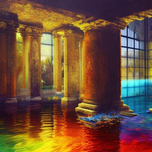 Ethereal Ancient Ruin Reflected in Pool