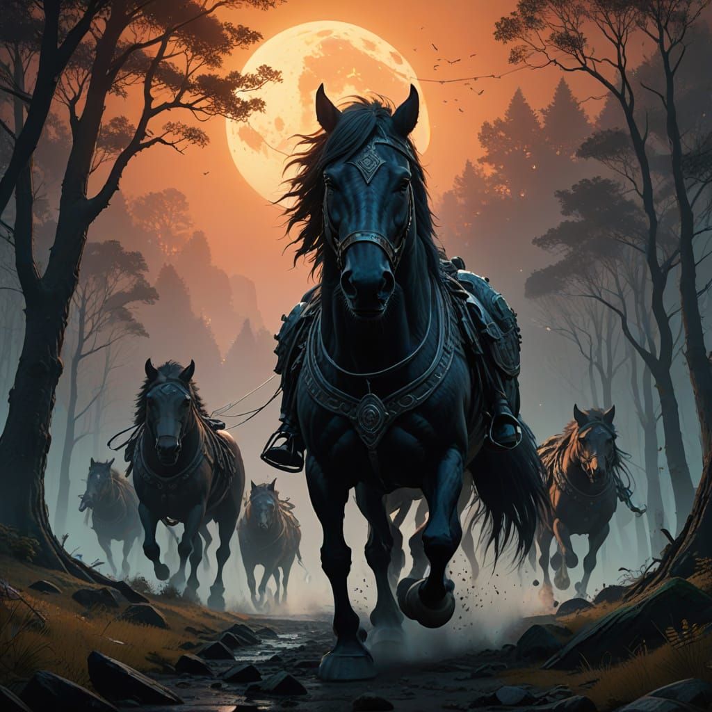 Majestic Horse Herd Pursued by Wolves in Vibrant, Fantasy La...
