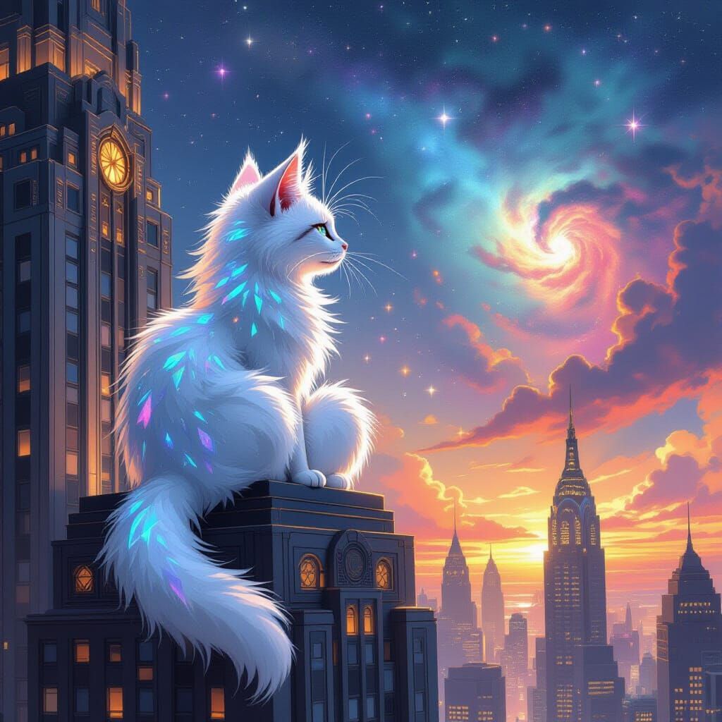 Iridescent Cat-like Creature Gazing at Nebula