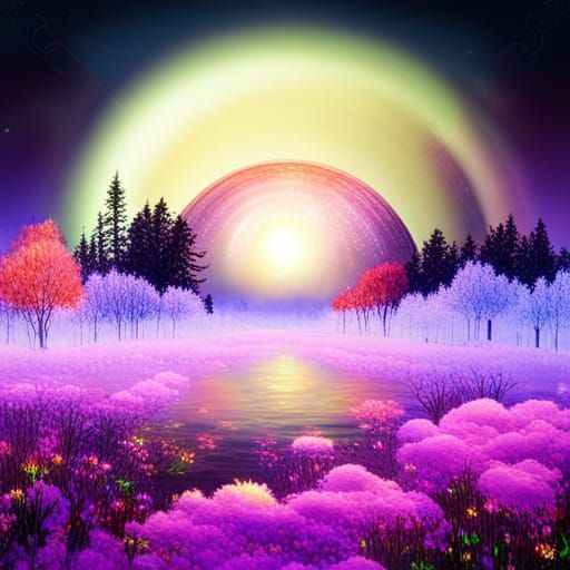Iridescent Moonlit Fantasy Landscape in Aetherpunk Style
