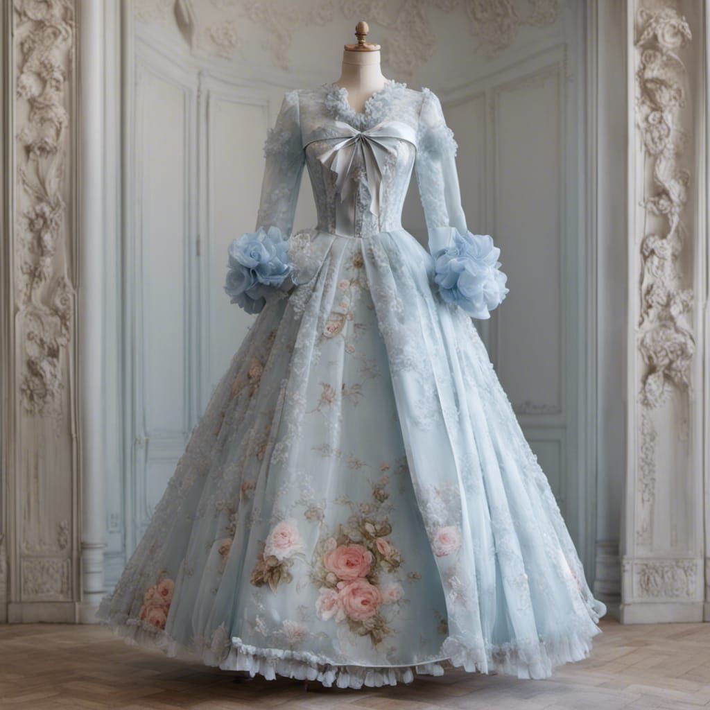 Rococo Pale Blue Gown with Roses on Dress Form