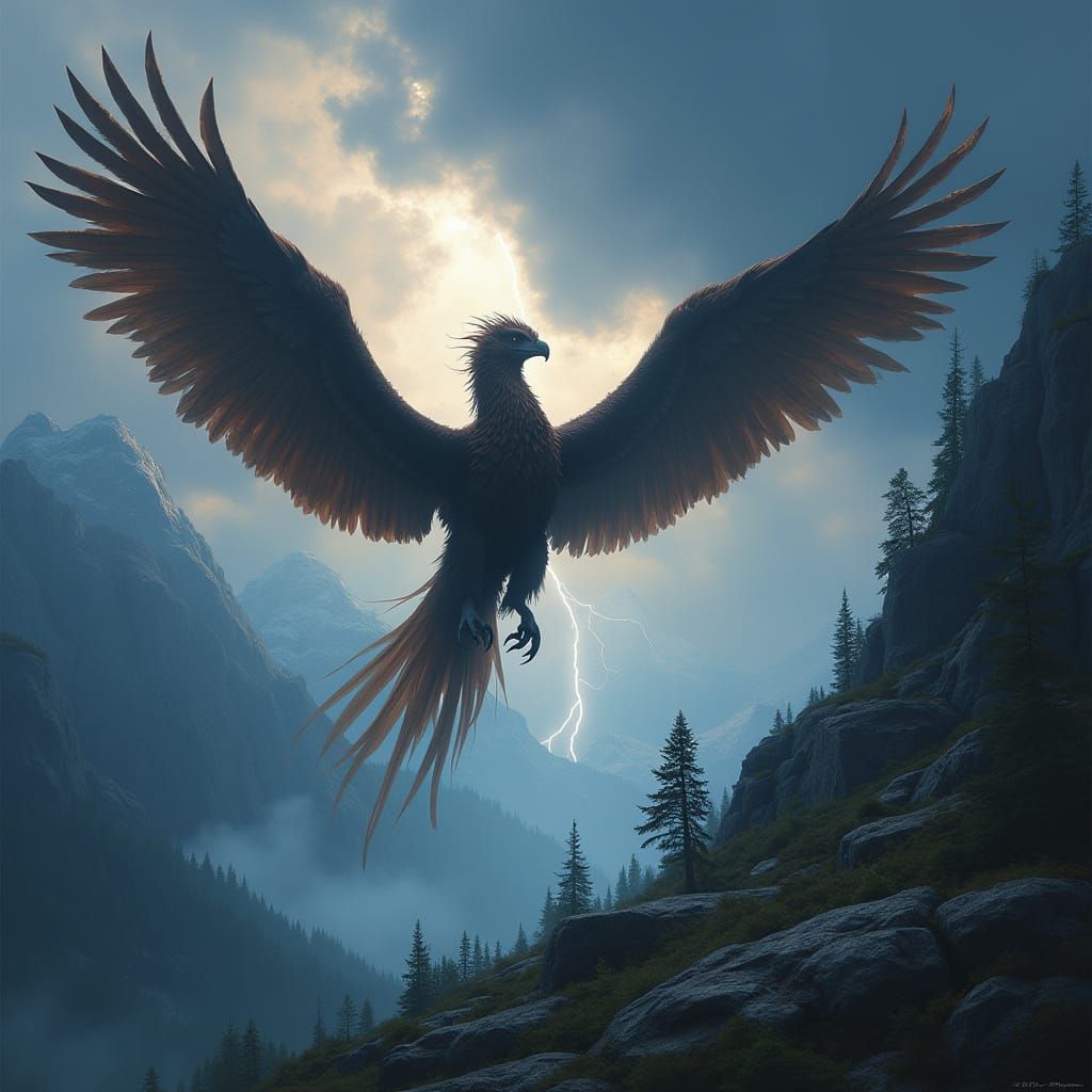 Griffin Soaring in Stormy Dark Fantasy Landscape