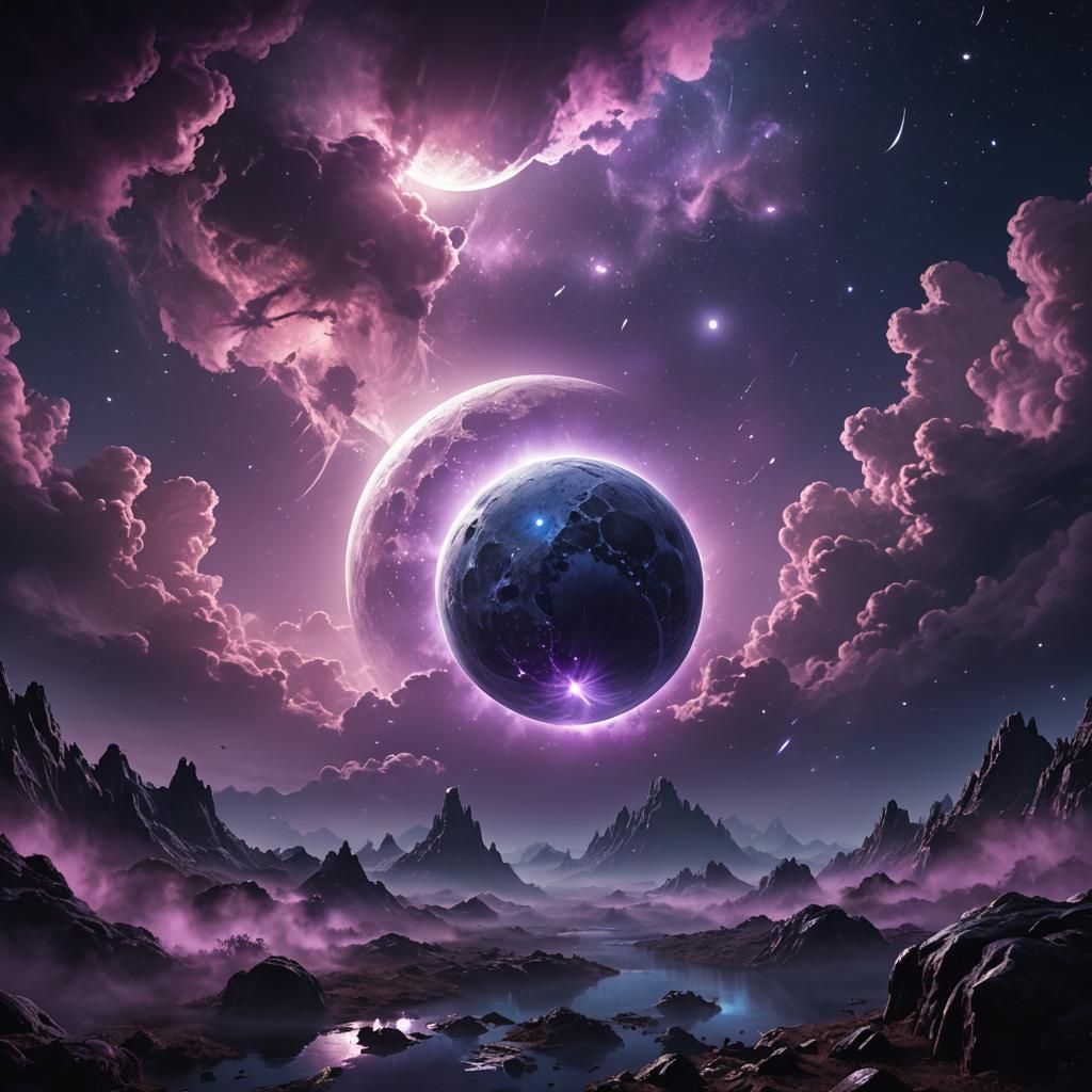 Glowing Moon in Iridescent Sky: Fantasy Concept Art