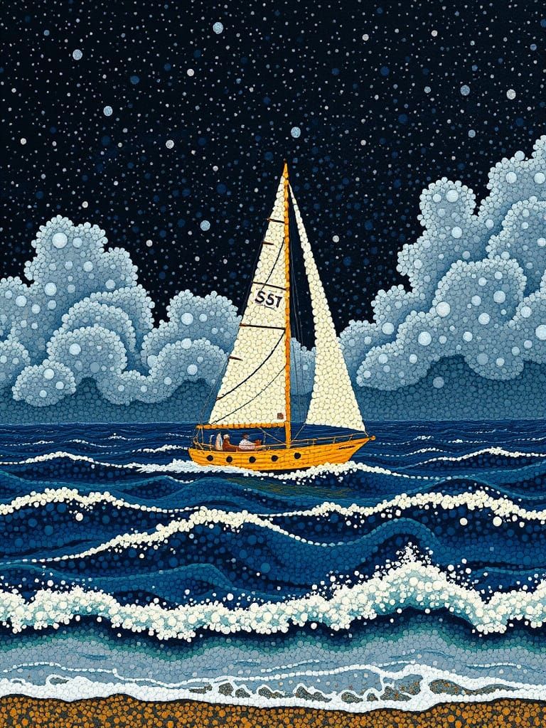 Seurat-Inspired Pointillist Masterpiece of a Stormy Night Ya...