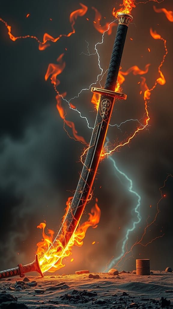 Ancient Japanese Odachi Sword in Fiery Aura