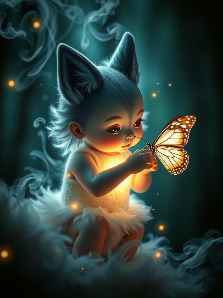 Ethereal Baby Kitsune with Butterfly in Forest