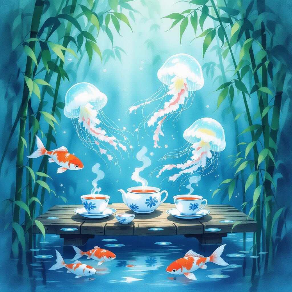 Underwater Tea Ceremony in Chinese Brush Painting Style