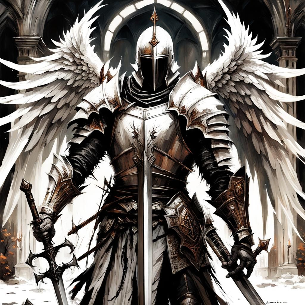 Gothic Knight with Angel Wings in Dark Fantasy Style