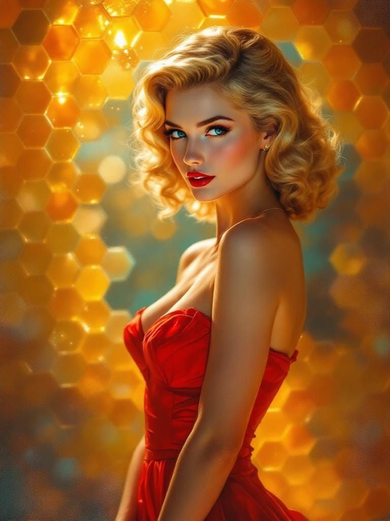 1950s Pin-Up with Honeycomb Overlay, in Impressionist Style