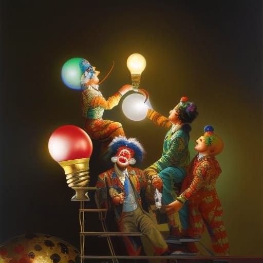 Clowns Change Lightbulb in Whimsical Photorealistic Portrait