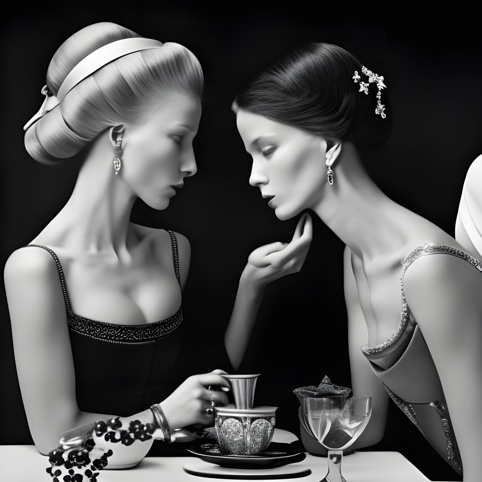 Renaissance Women Chatting Over Coffee, Photorealistic Close...