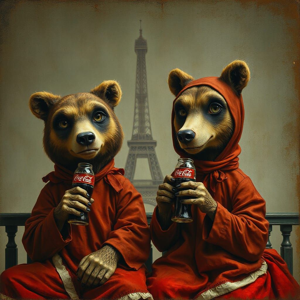 Bears in Vintage Parisian Chic, Sipping Coca-Cola with Exagg...