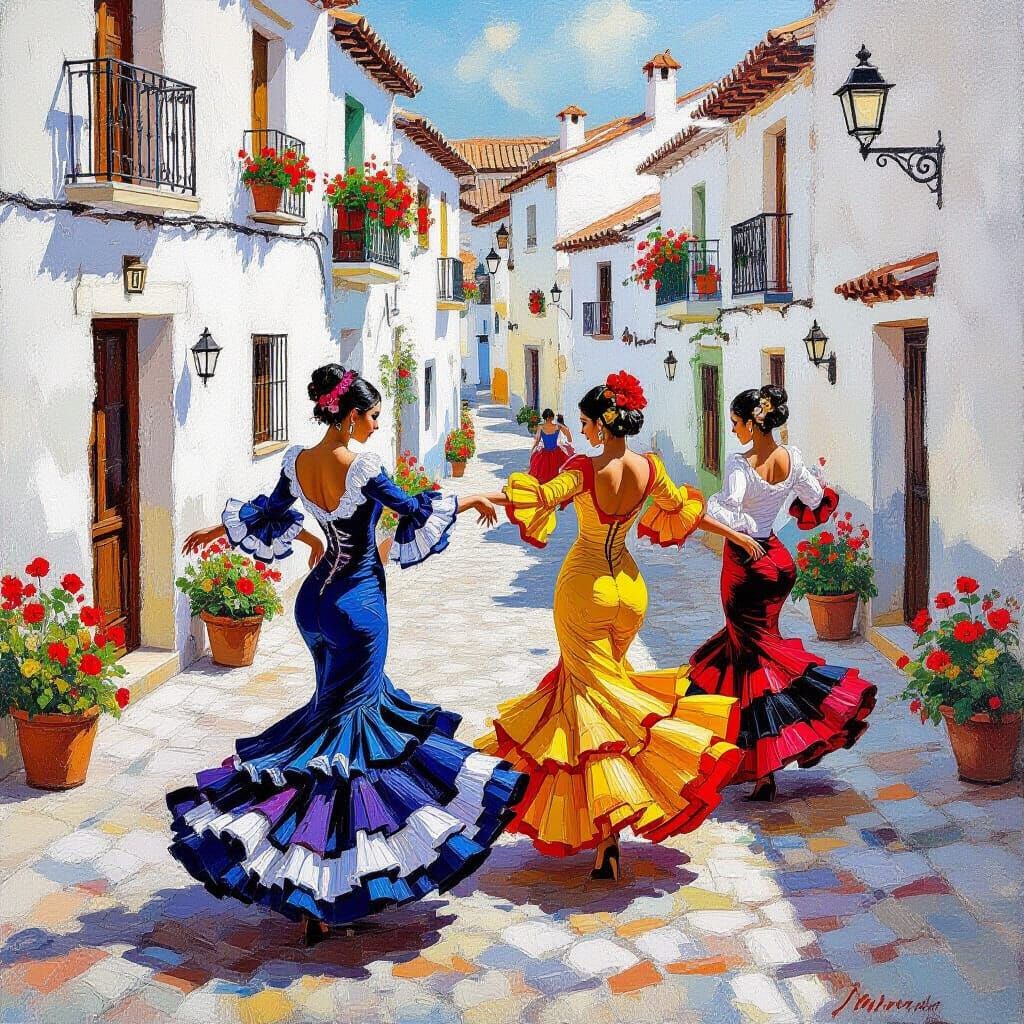 Flamenco Dancers in Whitewashed Village, Neo-Impressionist S...