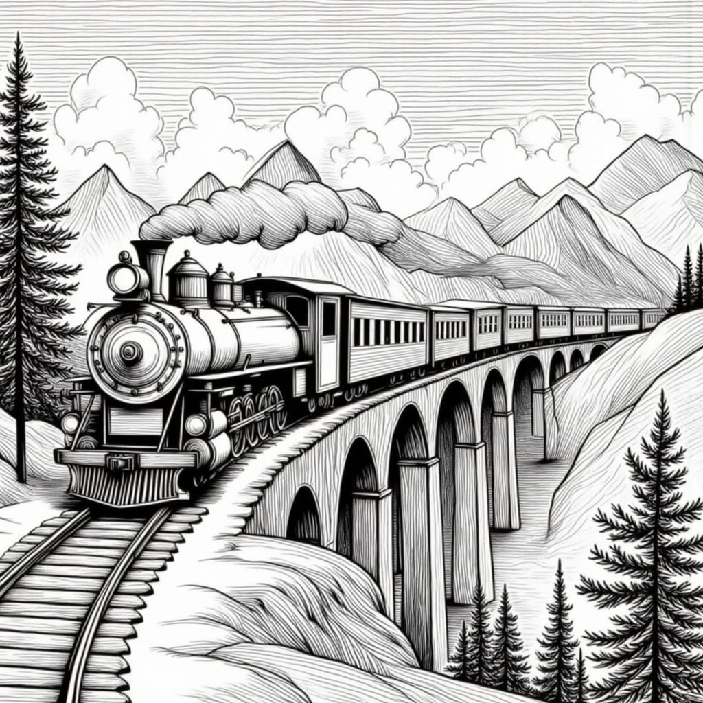 Surreal Pencil Sketch of Vintage Steam Train on a 19th-Centu...