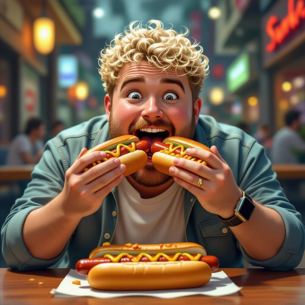 Enthusiastic Man Enjoys Hotdogs in Hyper-Realistic Style