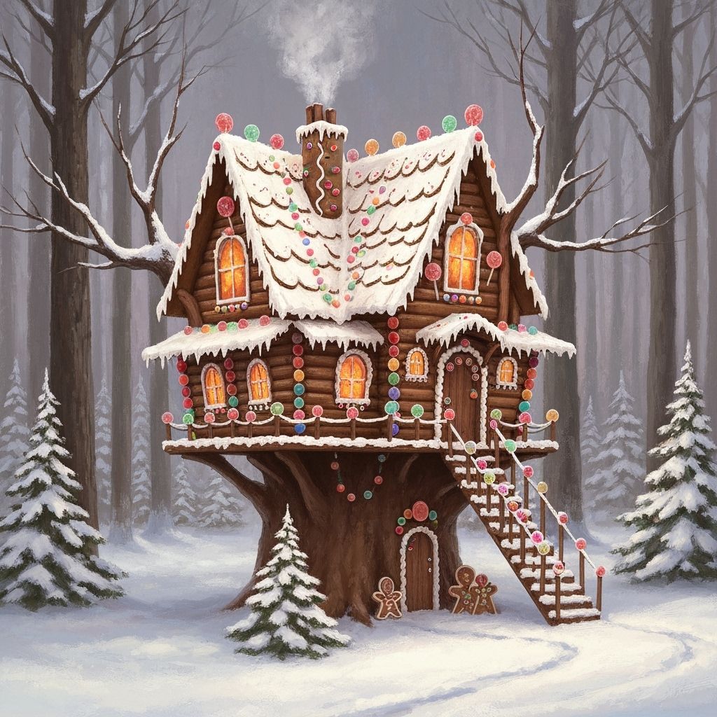Gingerbread Treehouse in Snowy Forest, Painterly Style