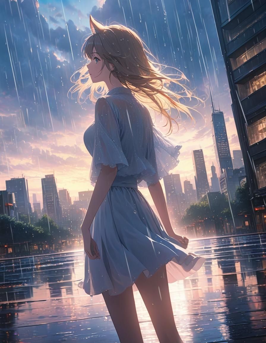 Catgirl Dancing in Rainy Cityscape