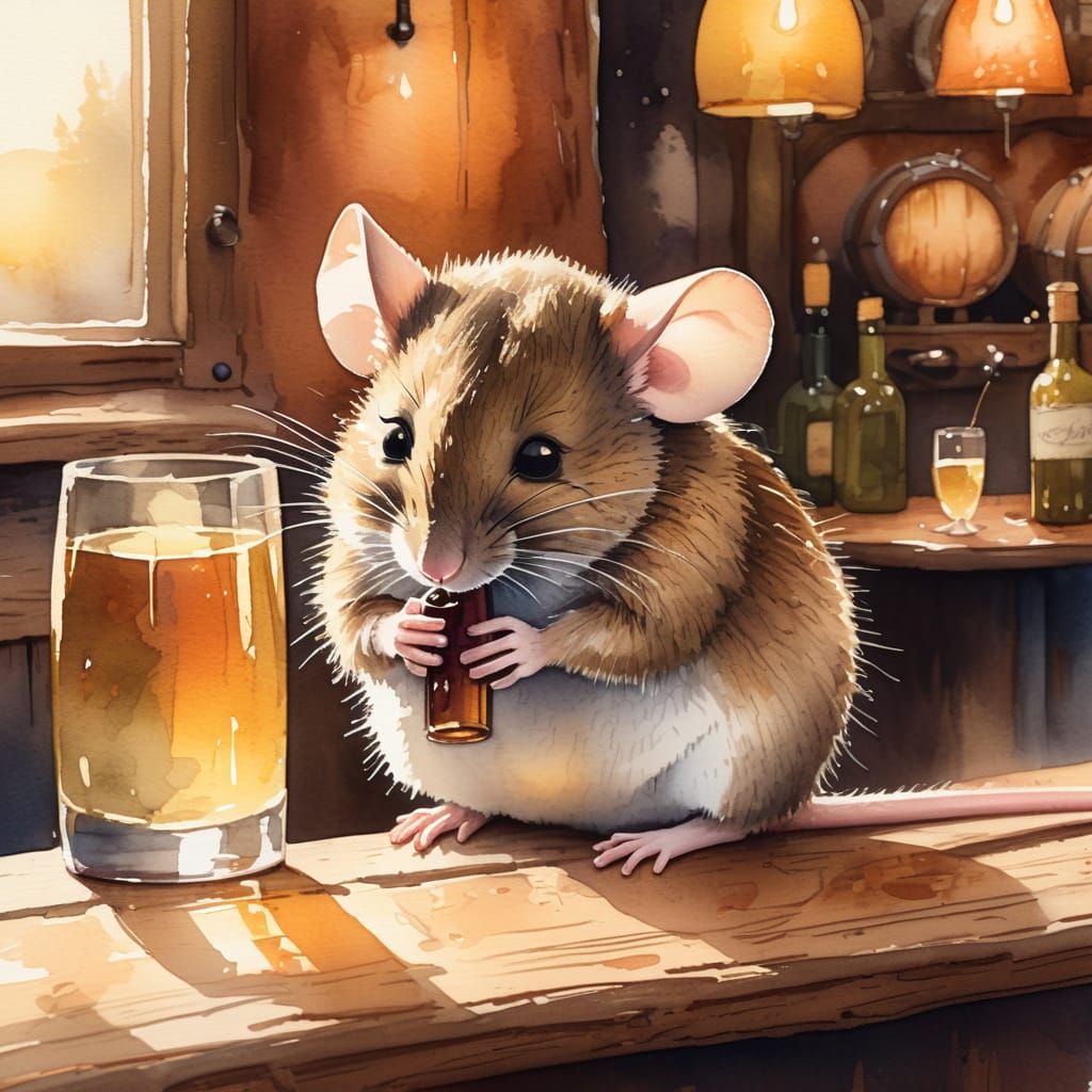 Mouse Drinks Wine in Cozy Watercolor Pub