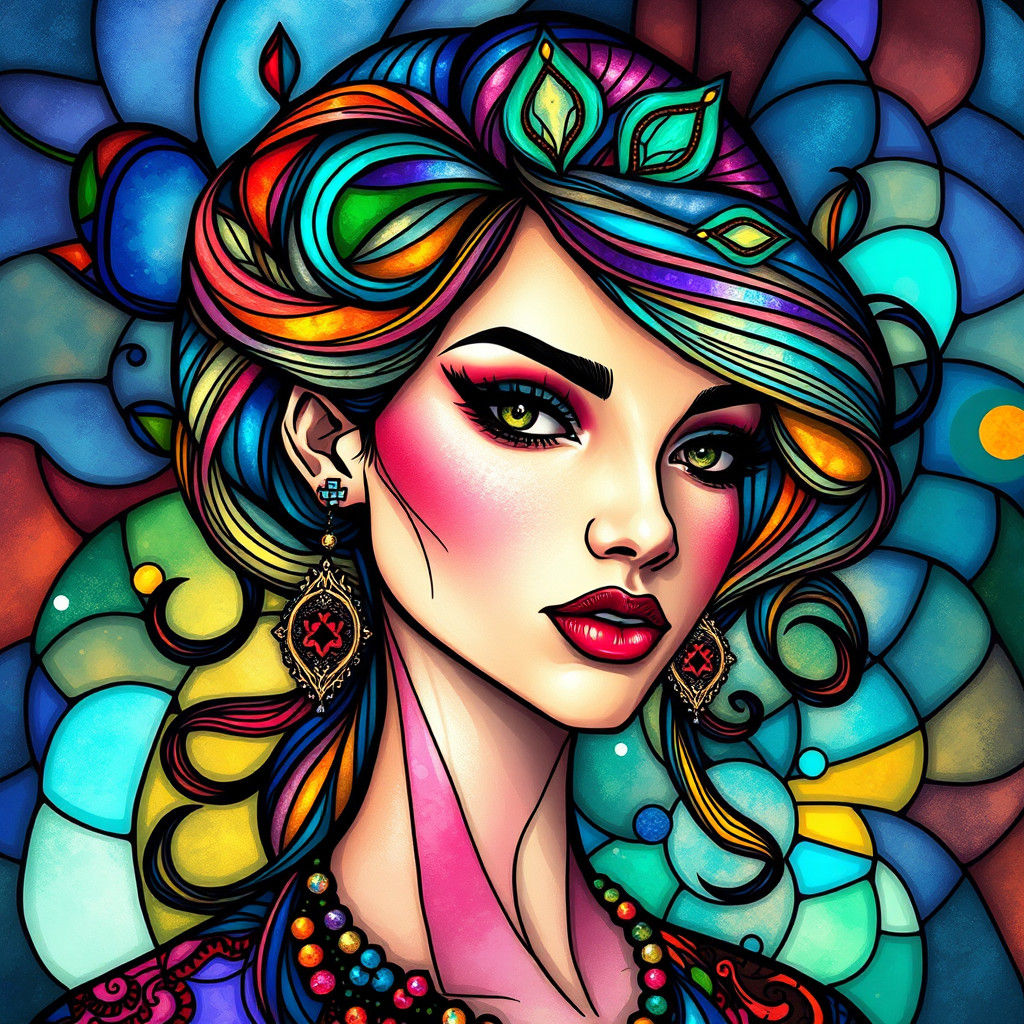 Stained Glass Woman Portrait with Peacock Feather Details