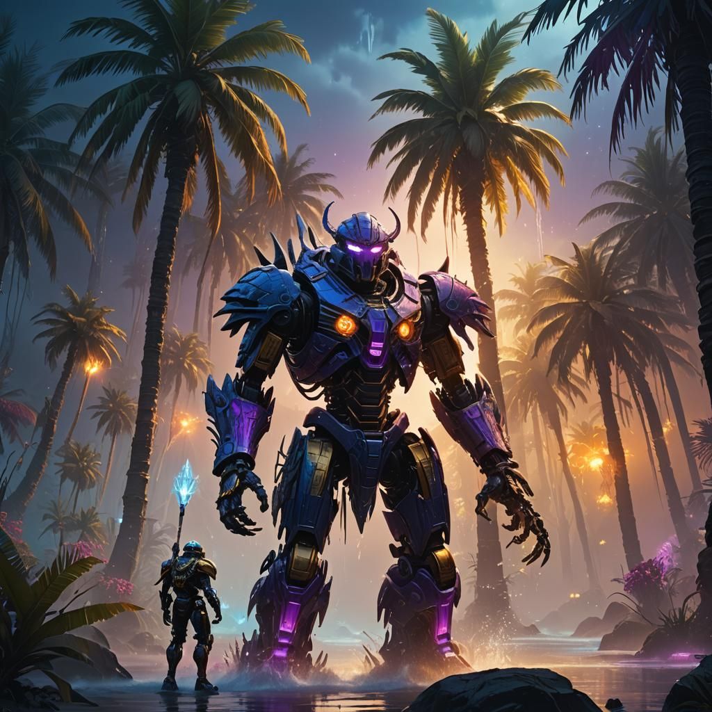 Bionicle Warrior and Phyrexian Horror in Fantasy Landscape