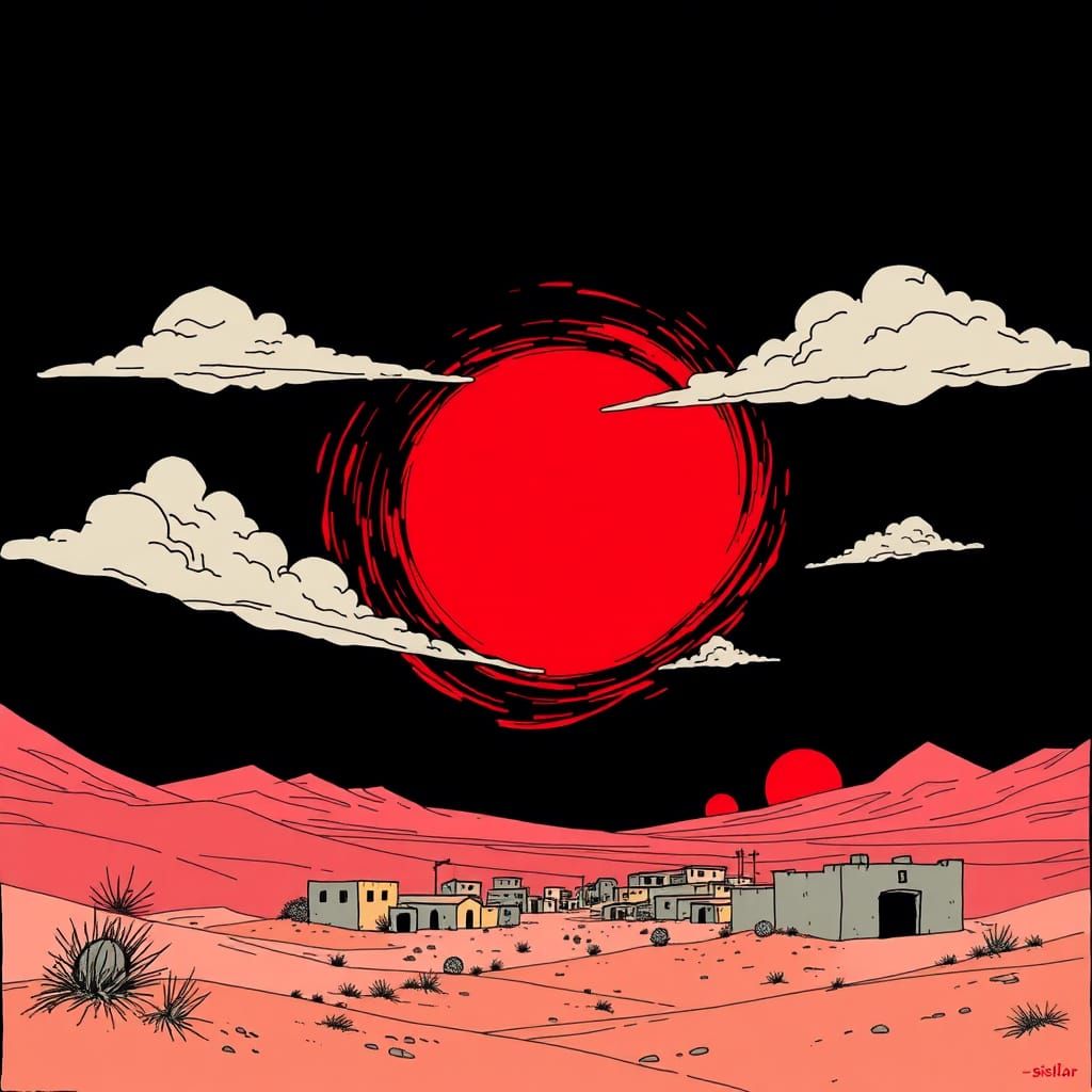 Desert Village with Vortex in Moebius Comic Style