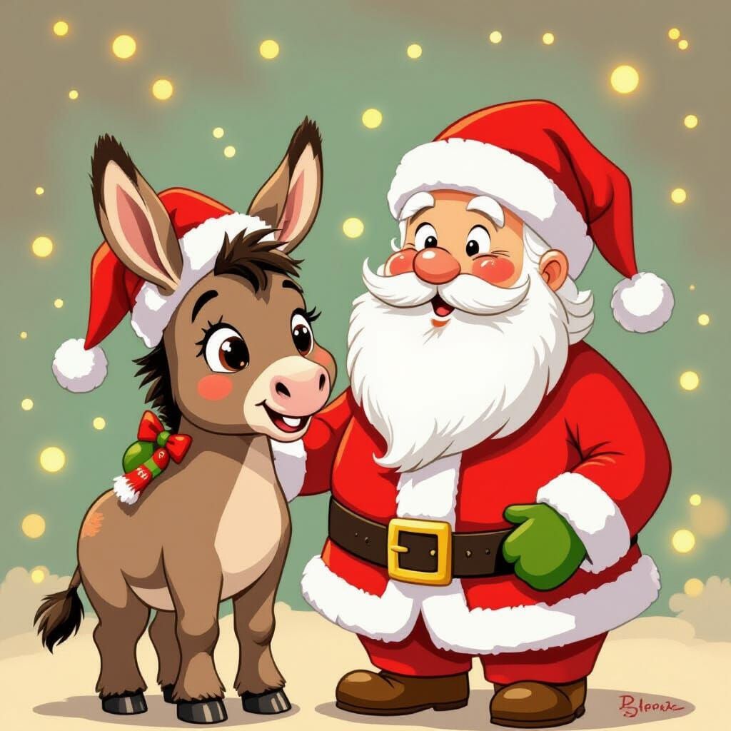 Whimsical Donkey and Santa Illustration in Children's Book S...