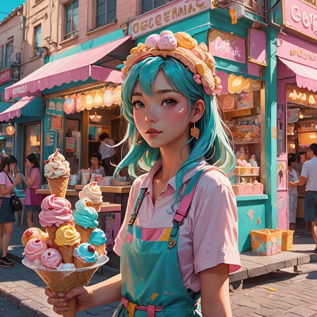 Anime Girl at Ice Cream Stand: Fantasy Concept Art