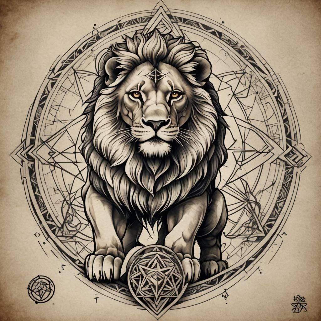 Sacred Geometry Lion Tattoo Design with Merkaba