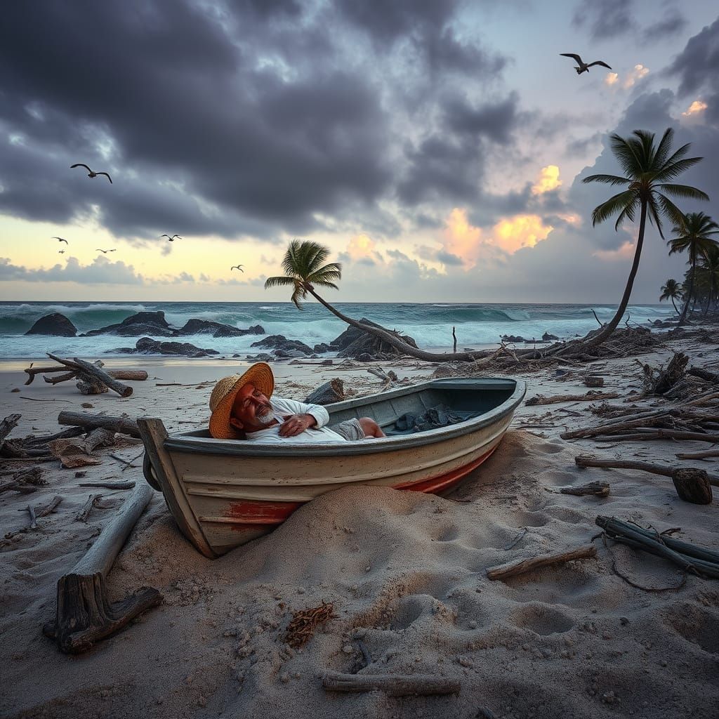 Fisherman Rests in Boat on Stormy Beach at Dawn