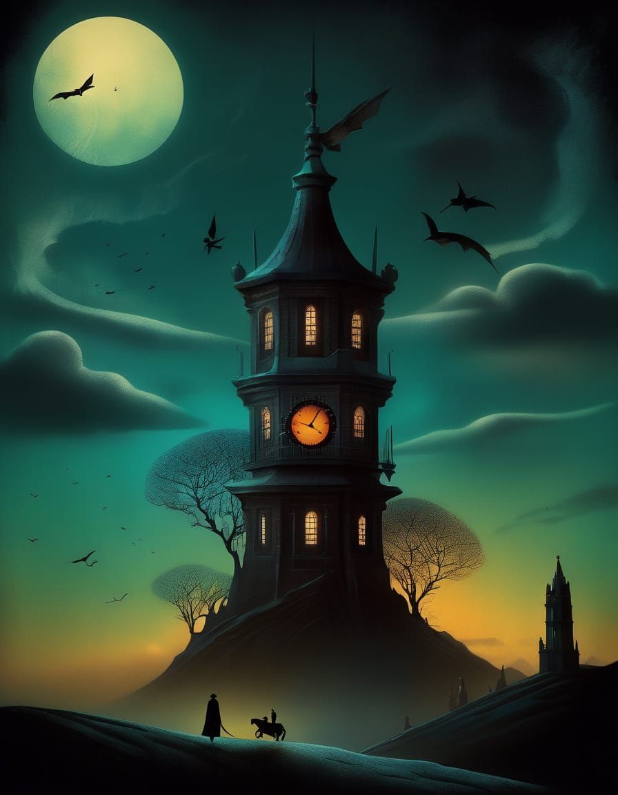 Time Bender in Clock Tower, Dark Fantasy Art