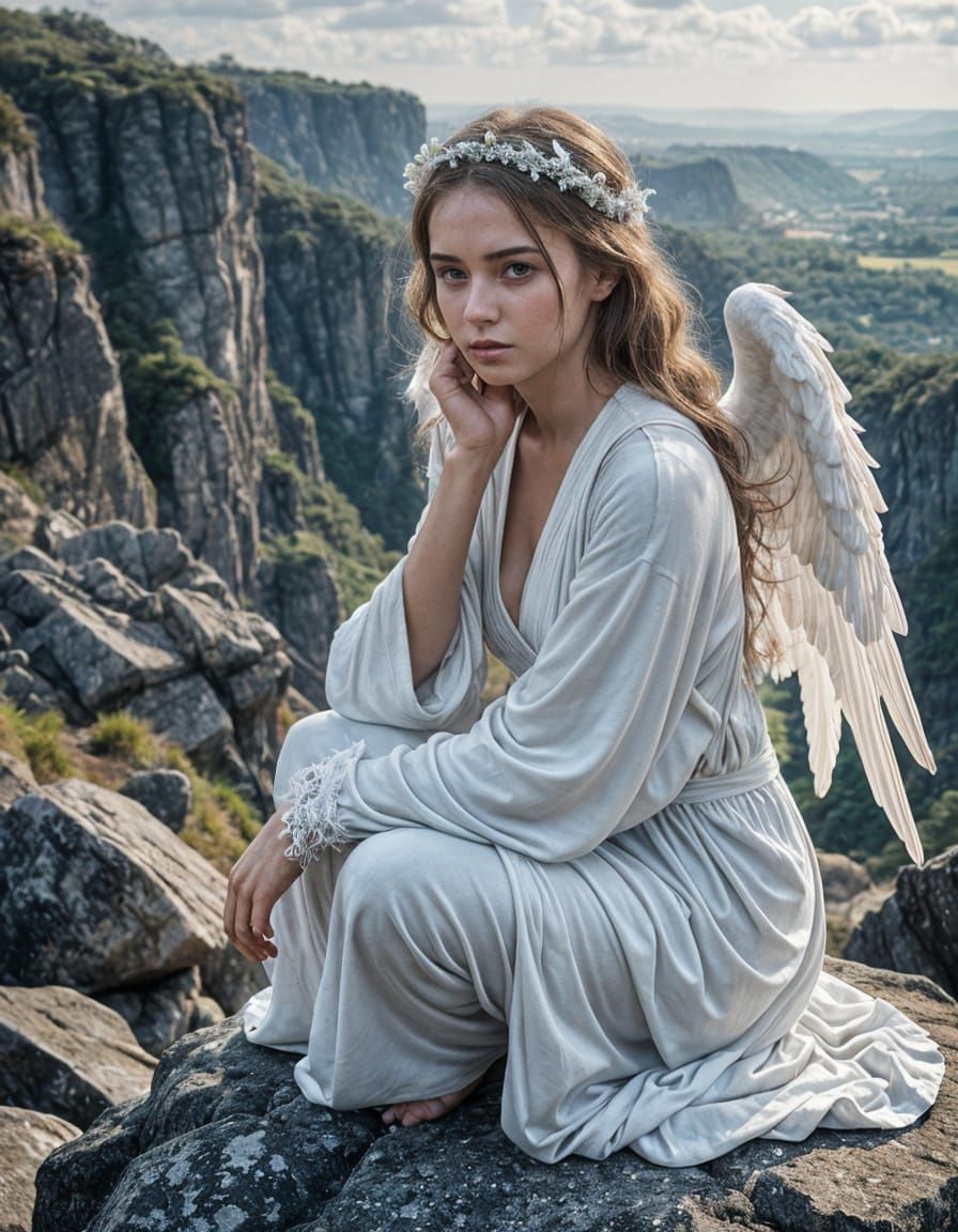 Melancholic Angel in Dreamlike Misty Landscape