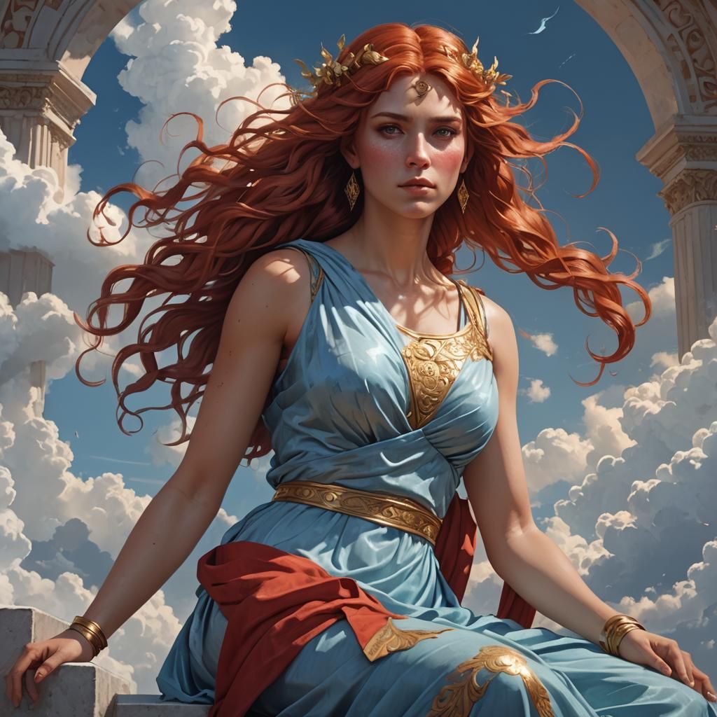 Red-Haired Greek Goddess on Clouds Portrait