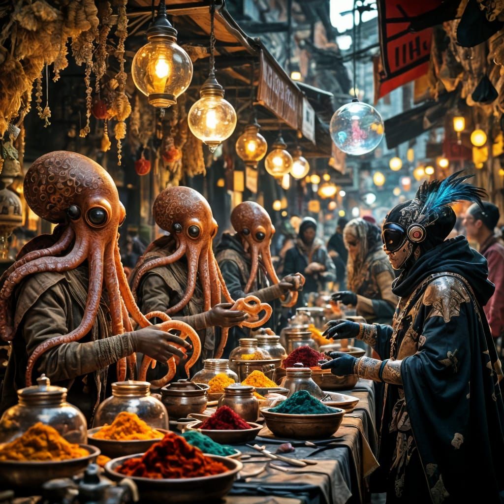 Bustling Alien Spice Market with Bioluminescent Traders